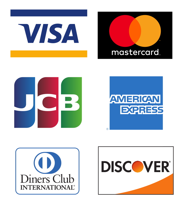 Visa、MasterCard、JCB、American Express、Diners、Discoverおよびセゾンカード